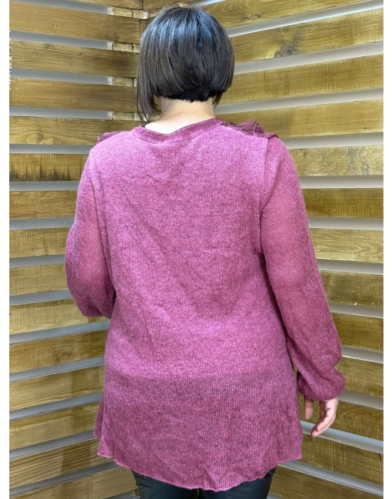 İtalyan Tasarım Önü İpek Fular Detaylı Arkası Triko Bluz Mürdüm