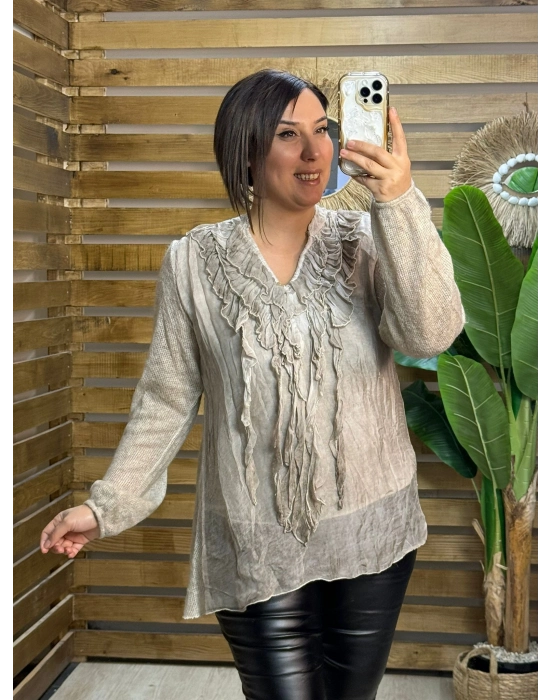 İtalyan Tasarım Önü İpek Fular Detaylı Arkası Triko Bluz Vizon