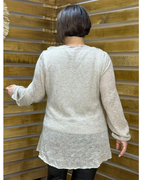 İtalyan Tasarım Önü İpek Fular Detaylı Arkası Triko Bluz Vizon