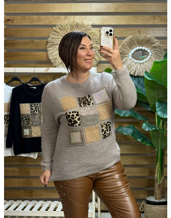 İtalyan Tasarım Önü Kare Leopar Taş İşlemeli Angora Kazak Vizon