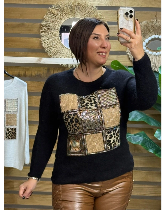 İtalyan Tasarım Önü Kare Leopar Taş İşlemeli Angora Kazak Siyah