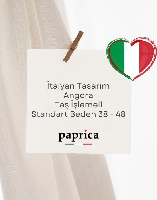 İtalyan Tasarım Önü Kare Leopar Taş İşlemeli Angora Kazak Kahve