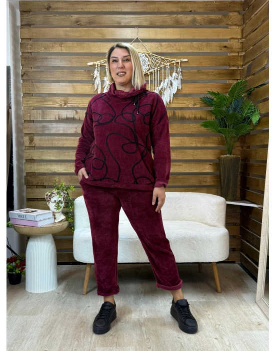 İtalyan Tasarım Rafya Desen Kadife Takım Bordo