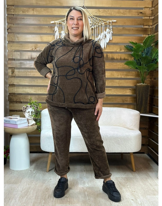 İtalyan Tasarım Rafya Desen Kadife Takım Kahverengi