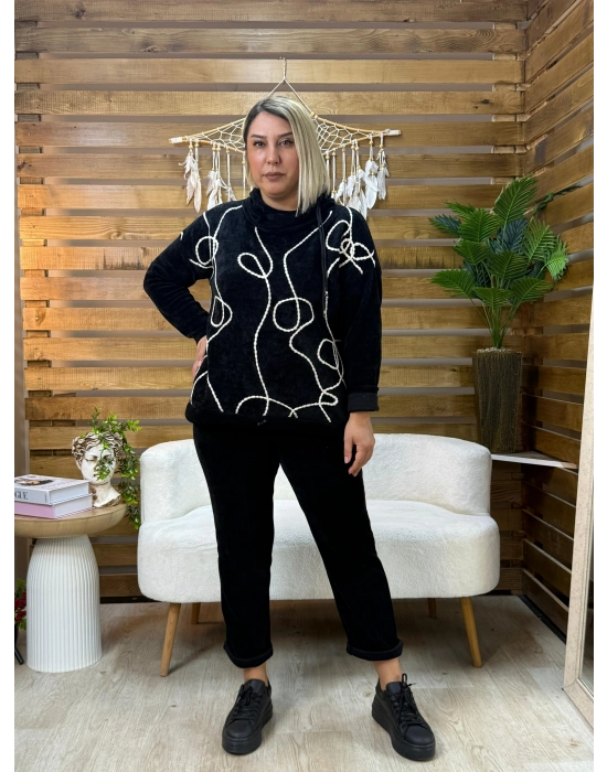 İtalyan Tasarım Rafya Desen Kadife Takım Siyah