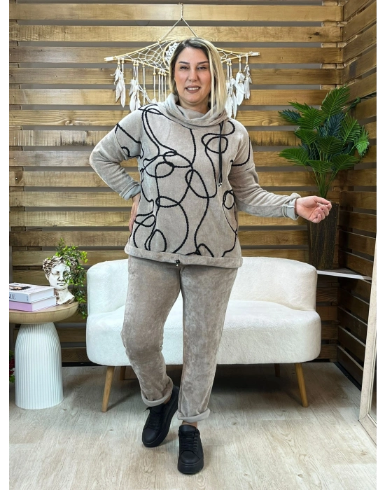 İtalyan Tasarım Rafya Desen Kadife Takım Krem