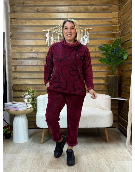 İtalyan Tasarım Rafya Desen Kadife Takım Bordo