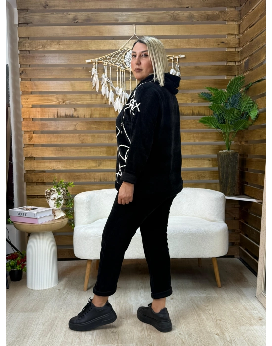 İtalyan Tasarım Rafya Desen Kadife Takım Siyah