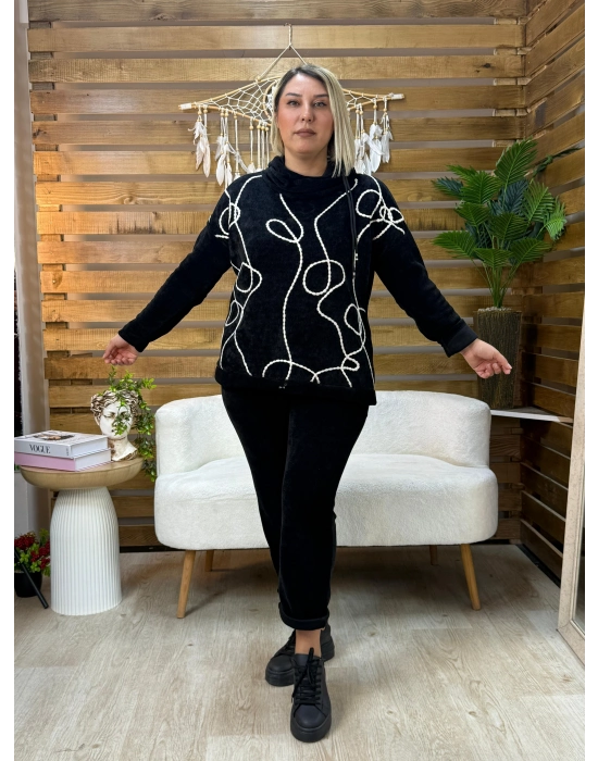 İtalyan Tasarım Rafya Desen Kadife Takım Siyah