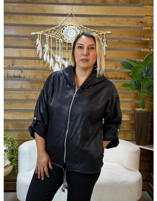 İtalyan Tasarım Sırt İşlemeli Kapşonlu Deri Ceket