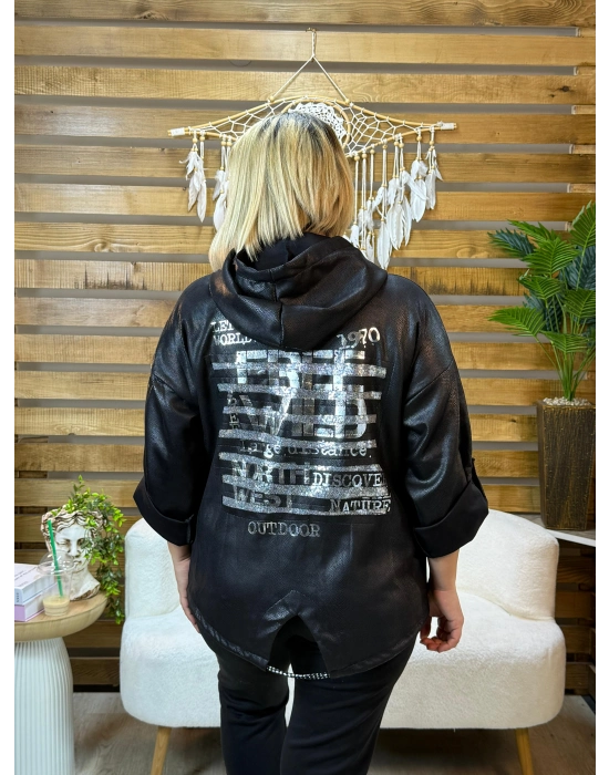 İtalyan Tasarım Sırt İşlemeli Kapşonlu Deri Ceket