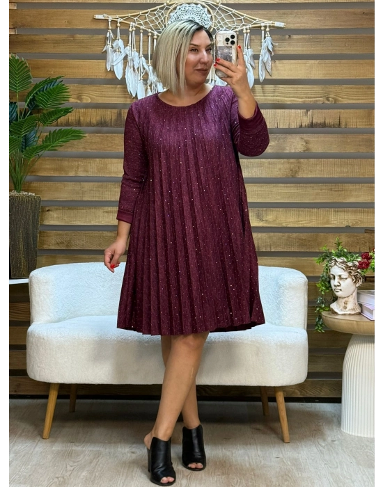 İtalyan Tasarım Taş İşlemeli Pliseli Elbise Bordo