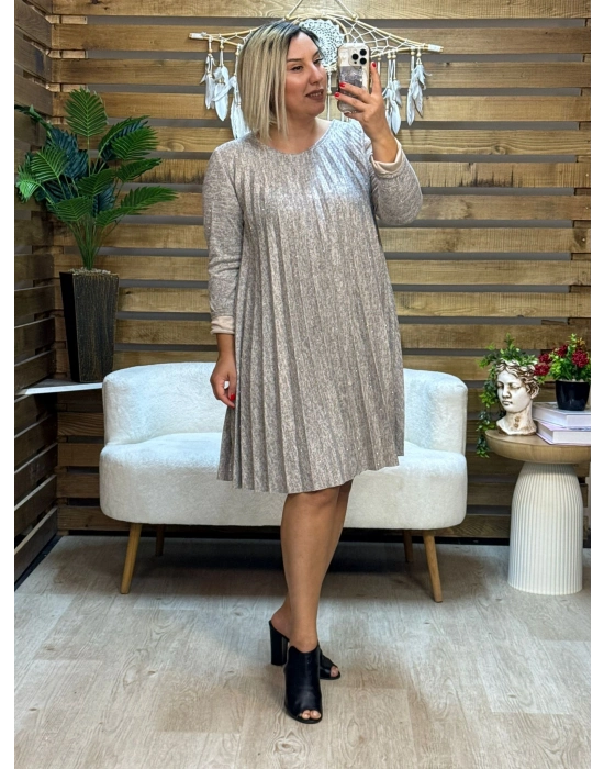 İtalyan Tasarım Taş İşlemeli Pliseli Elbise Vizon