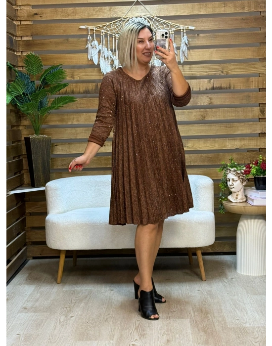 İtalyan Tasarım Taş İşlemeli Pliseli Elbise Acı Kahve