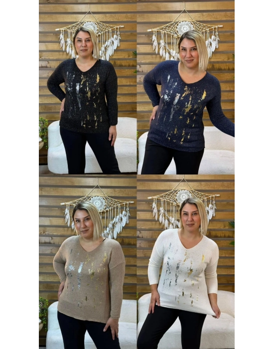 İtalyan Tasarım V Yaka Gümüş Baskılı Bluz Lacivert