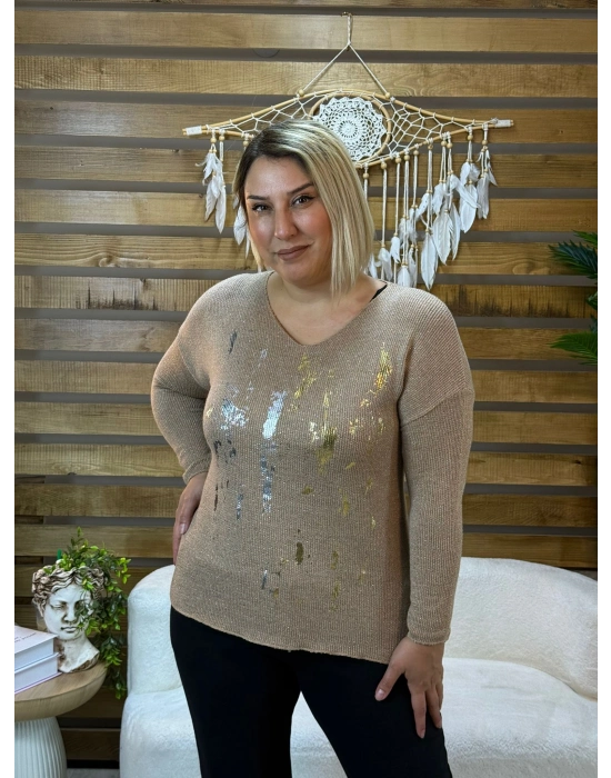 İtalyan Tasarım V Yaka Gümüş Baskılı Bluz Vizon