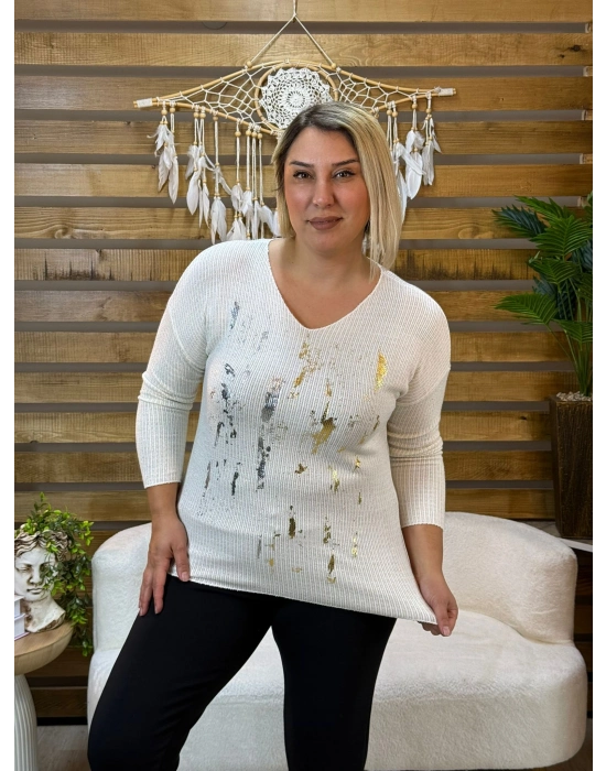 İtalyan Tasarım V Yaka Gümüş Baskılı Bluz Beyaz