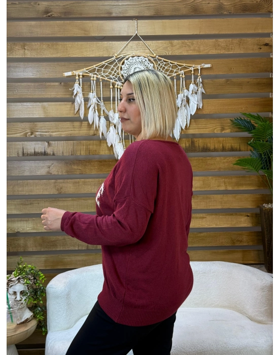 İtalyan Tasarım V Yaka Jadore Angora Bluz Bordo