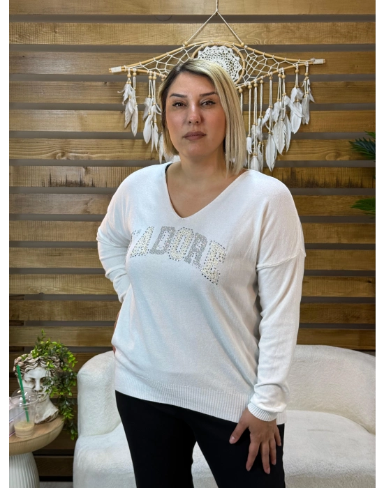 İtalyan Tasarım V Yaka Jadore Angora Bluz Beyaz