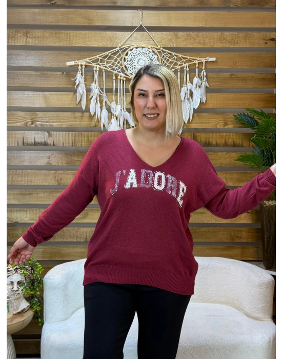 İtalyan Tasarım V Yaka Jadore Angora Bluz Bordo
