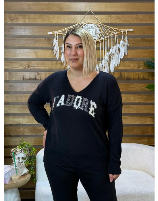 İtalyan Tasarım V Yaka Jadore Angora Bluz Siyah