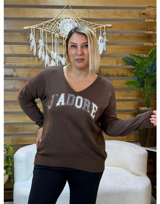 İtalyan Tasarım V Yaka Jadore Angora Bluz Kahverengi