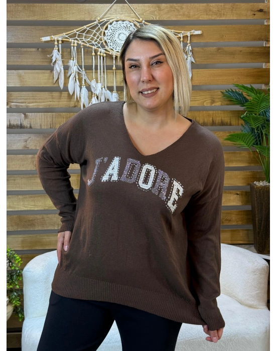 İtalyan Tasarım V Yaka Jadore Angora Bluz Kahverengi