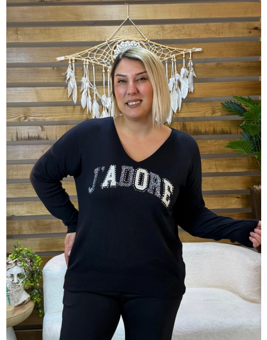 İtalyan Tasarım V Yaka Jadore Angora Bluz Siyah