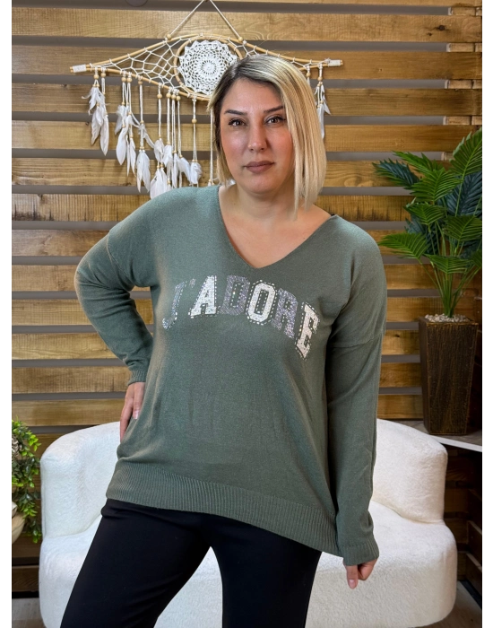 İtalyan Tasarım V Yaka Jadore Angora Bluz Haki