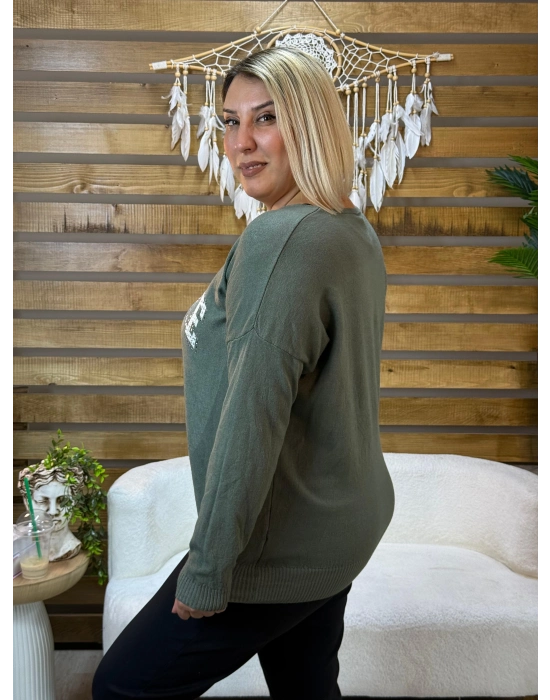 İtalyan Tasarım V Yaka Jadore Angora Bluz Haki