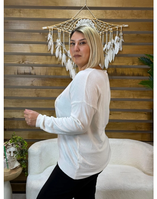 İtalyan Tasarım V Yaka Jadore Angora Bluz Beyaz