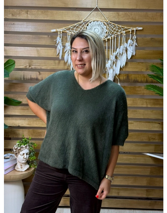 İtalyan Tasarım V Yaka Tüy Angora Kazak Zümrüt