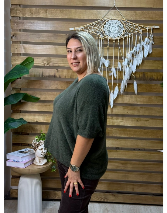 İtalyan Tasarım V Yaka Tüy Angora Kazak Zümrüt