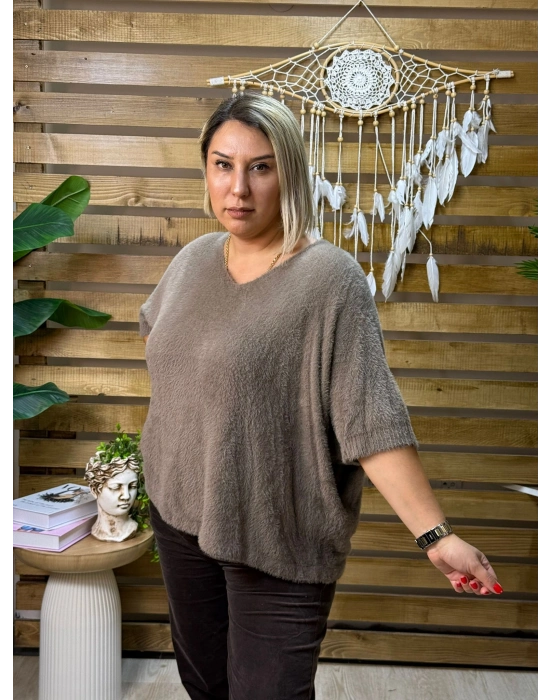 İtalyan Tasarım V Yaka Tüy Angora Kazak Vizon