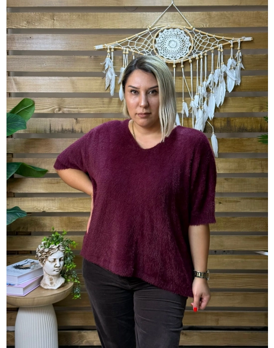 İtalyan Tasarım V Yaka Tüy Angora Kazak Bordo