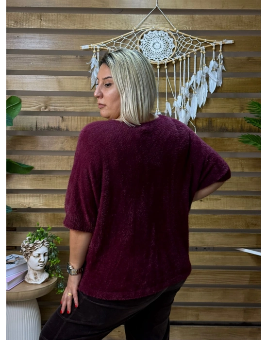 İtalyan Tasarım V Yaka Tüy Angora Kazak Bordo