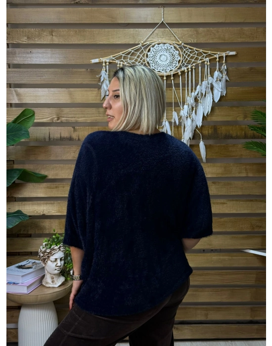 İtalyan Tasarım V Yaka Tüy Angora Kazak Siyah