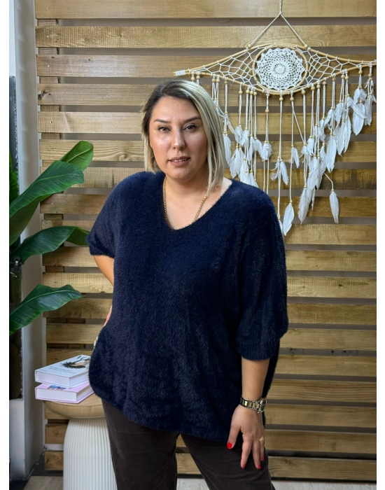 İtalyan Tasarım V Yaka Tüy Angora Kazak Siyah