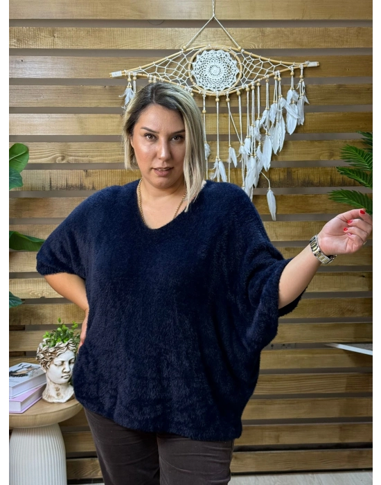 İtalyan Tasarım V Yaka Tüy Angora Kazak Siyah