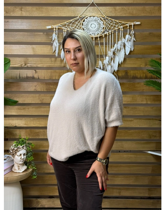 İtalyan Tasarım V Yaka Tüy Angora Kazak Krem