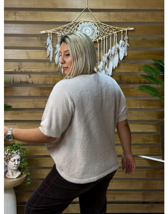 İtalyan Tasarım V Yaka Tüy Angora Kazak Krem