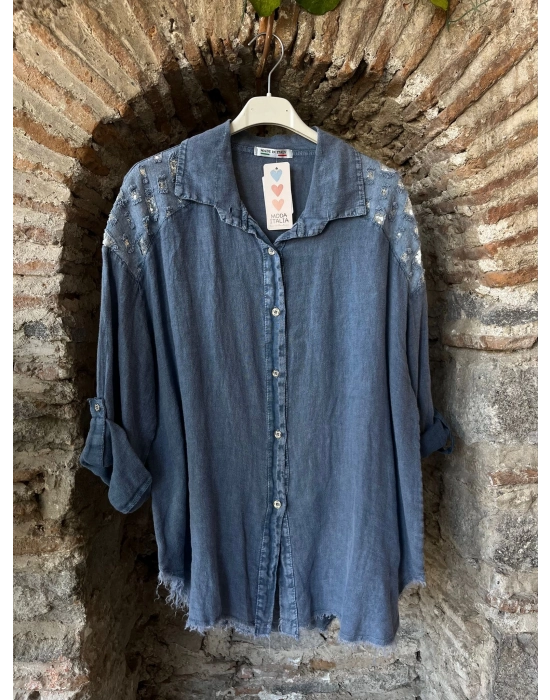 İtalyan Tasarım Yakası İşlemeli Uzun Kol Saçak Detay Gömlek Ceket Mavi