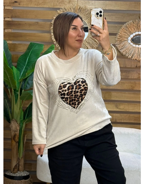 İtalyan Tasarım Yaldız Desenli File Detaylı kalp İşleme Bluz Krem