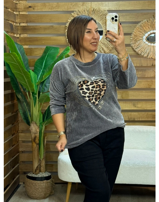 İtalyan Tasarım Yaldız Desenli File Detaylı kalp İşleme Bluz Gri