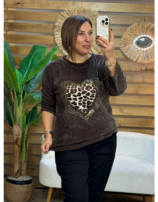 İtalyan Tasarım Yaldız Desenli File Detaylı kalp İşleme Bluz Acı Kahve