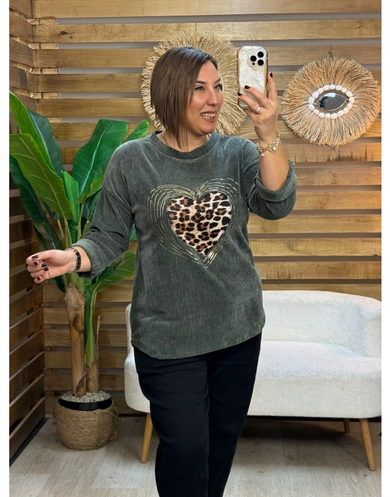 İtalyan Tasarım Yaldız Desenli File Detaylı kalp İşleme Bluz Haki