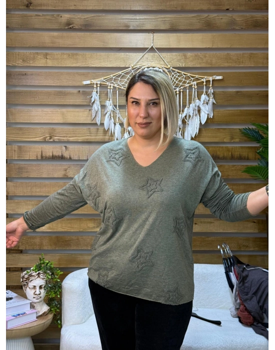 İtalyan Tasarım Yıldız Kabartma Detaylı V Yaka Bluz Haki