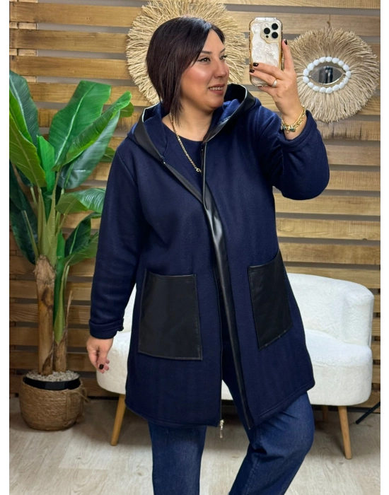 Tasarım Deri Detaylı Kapüşonlu Fleece Mont Lacivert