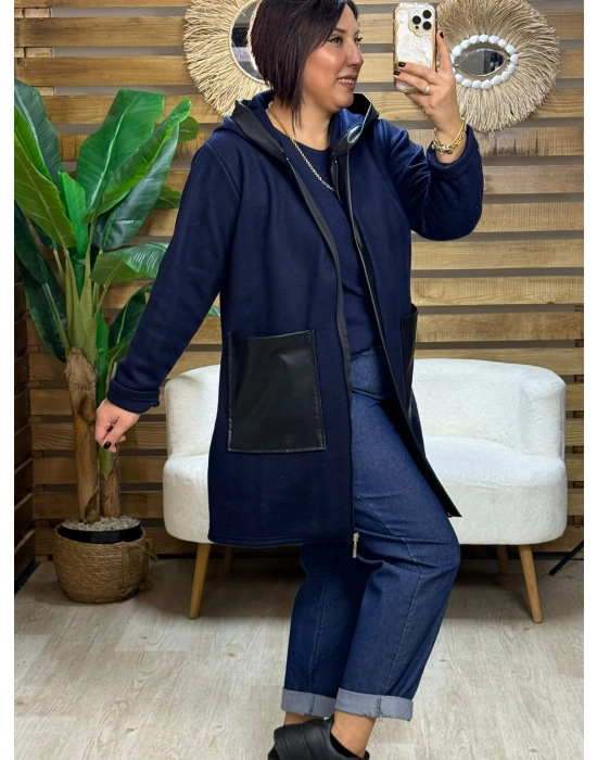 Tasarım Deri Detaylı Kapüşonlu Fleece Mont Lacivert