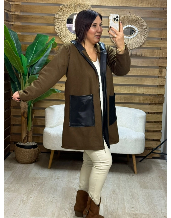 Tasarım Deri Detaylı Kapüşonlu Fleece Mont Kahve